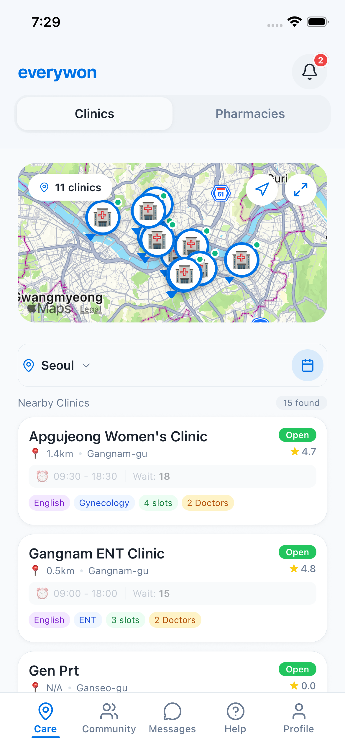 Clinic listing
